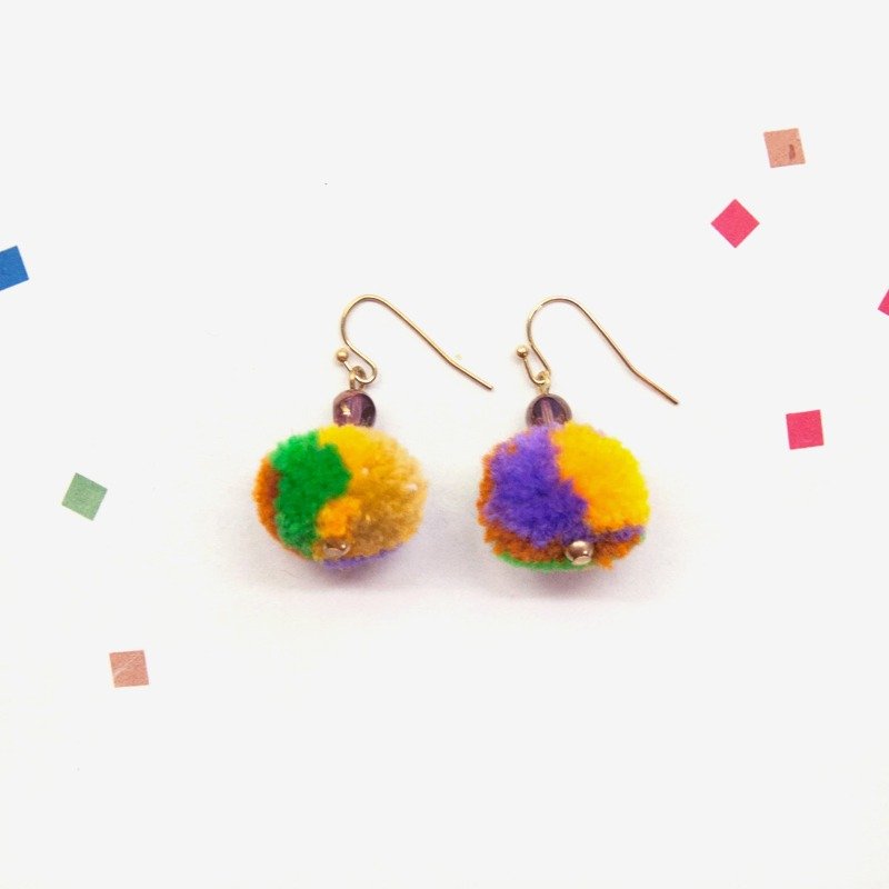 PomPom毛线球耳环 - 绿黄 耳针/耳夹 - 耳环/耳夹 - 羊毛 多色