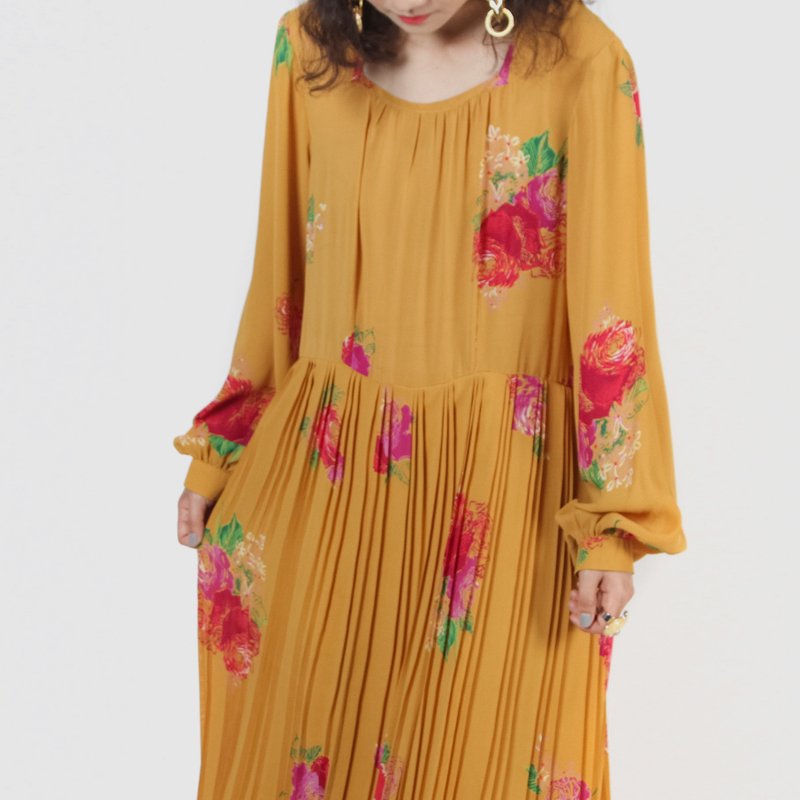 【蛋植物古着】霞彩芙蓉印花古着洋装 - 洋装/连衣裙 - 聚酯纤维 橘色