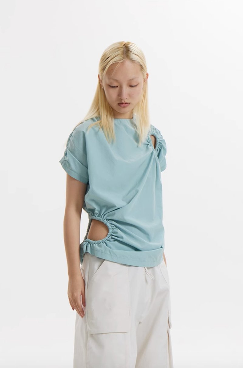 Ocean Sleeveless Zip-Up Top 海洋蓝双圆无袖T恤 - 女装上衣 - 棉．麻 蓝色