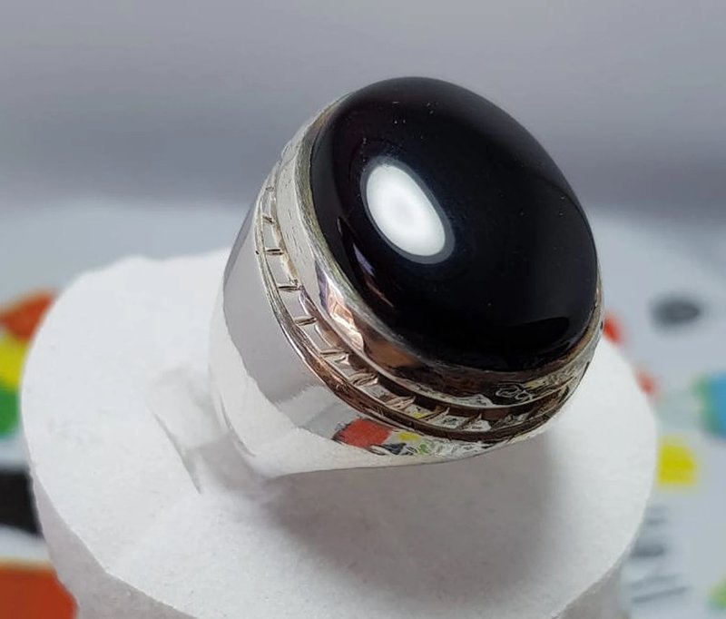 天然也门玛瑙戒指 黑红血色玛瑙戒指 Akik 玛瑙 伊斯兰风格戒指 925纯银 - 戒指 - 宝石 黑色