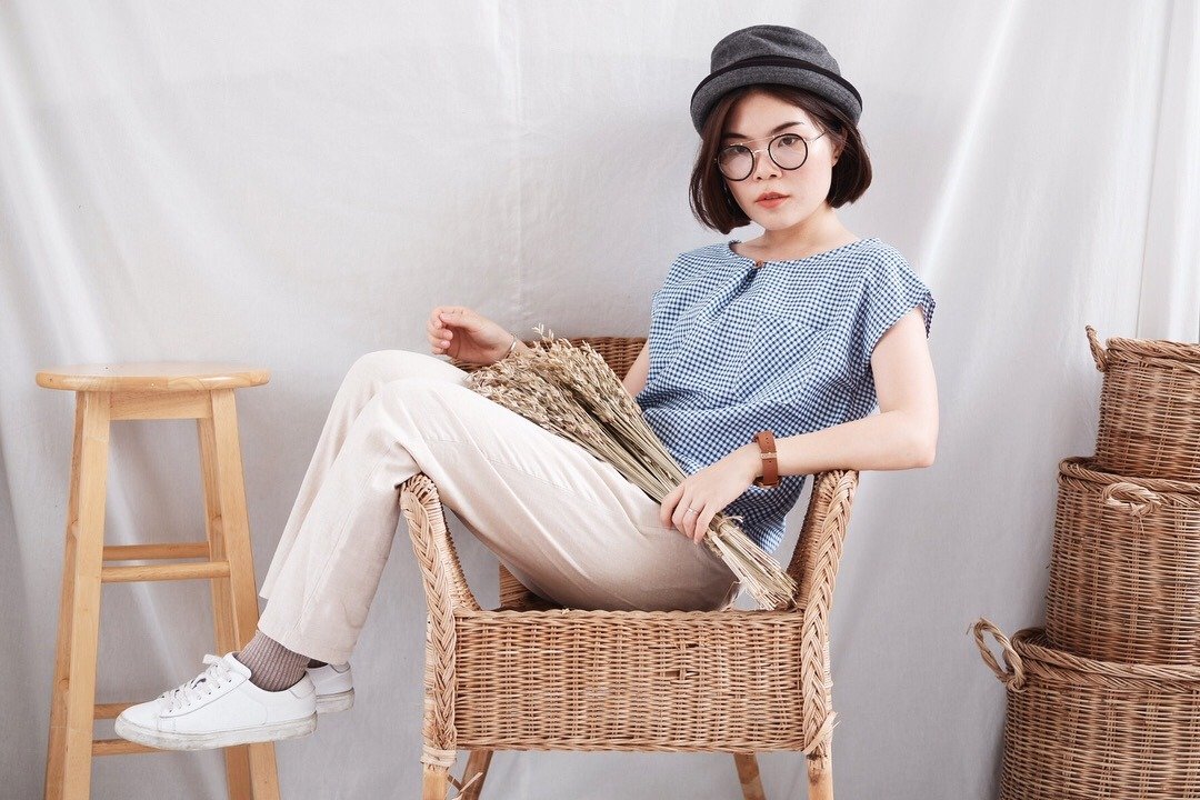 Midori Blouse (Checker) - 女装短裤 - 棉 蓝色
