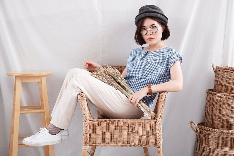 Midori Blouse (Checker) - 女装短裤 - 棉．麻 蓝色
