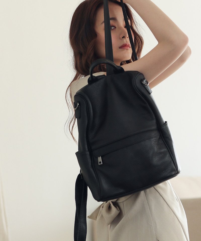 防盗设计休闲真皮肩后背3用包黑 - 后背包/双肩包 - 真皮 黑色