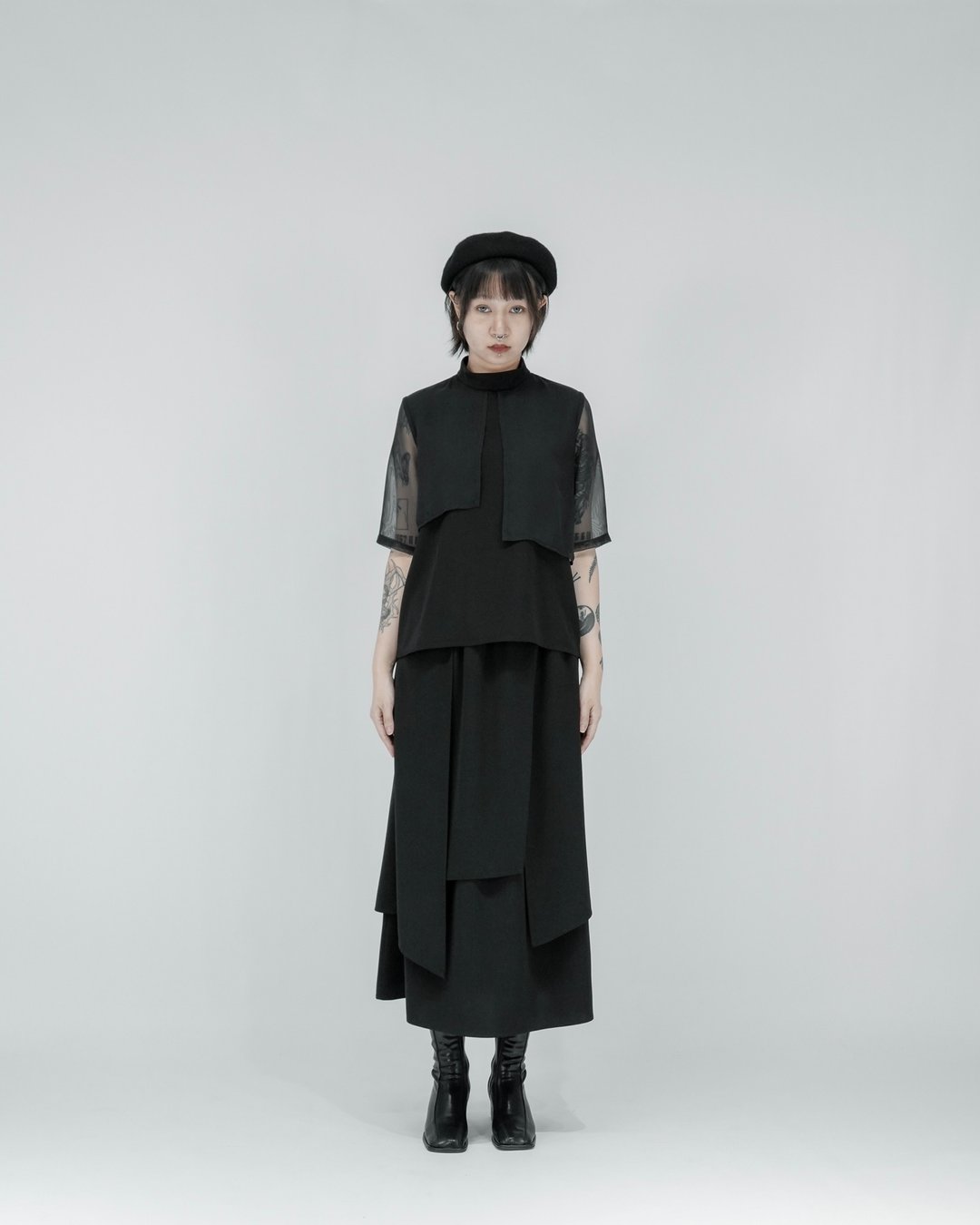 MUKK DESIGN 双裁片雪纺袖上衣-黑 - 女装上衣 - 聚酯纤维 黑色
