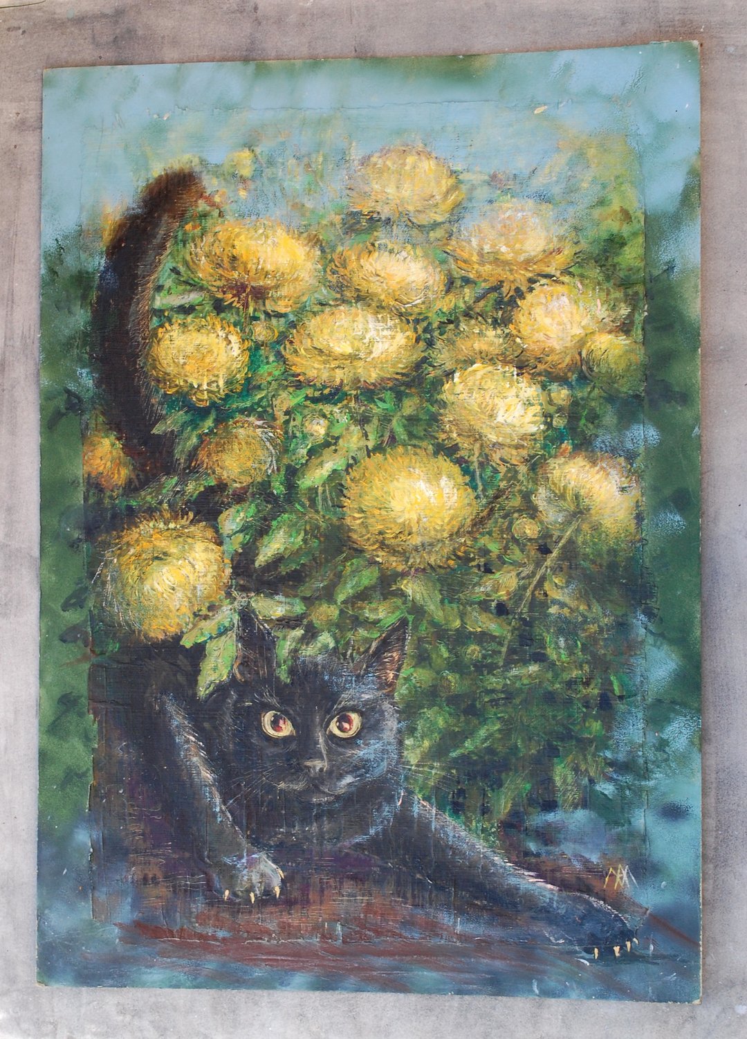 黑猫 黄色花朵 丙烯画 墙面装饰 可爱猫咪 手绘 - 墙贴/壁贴 - 其他材质 多色