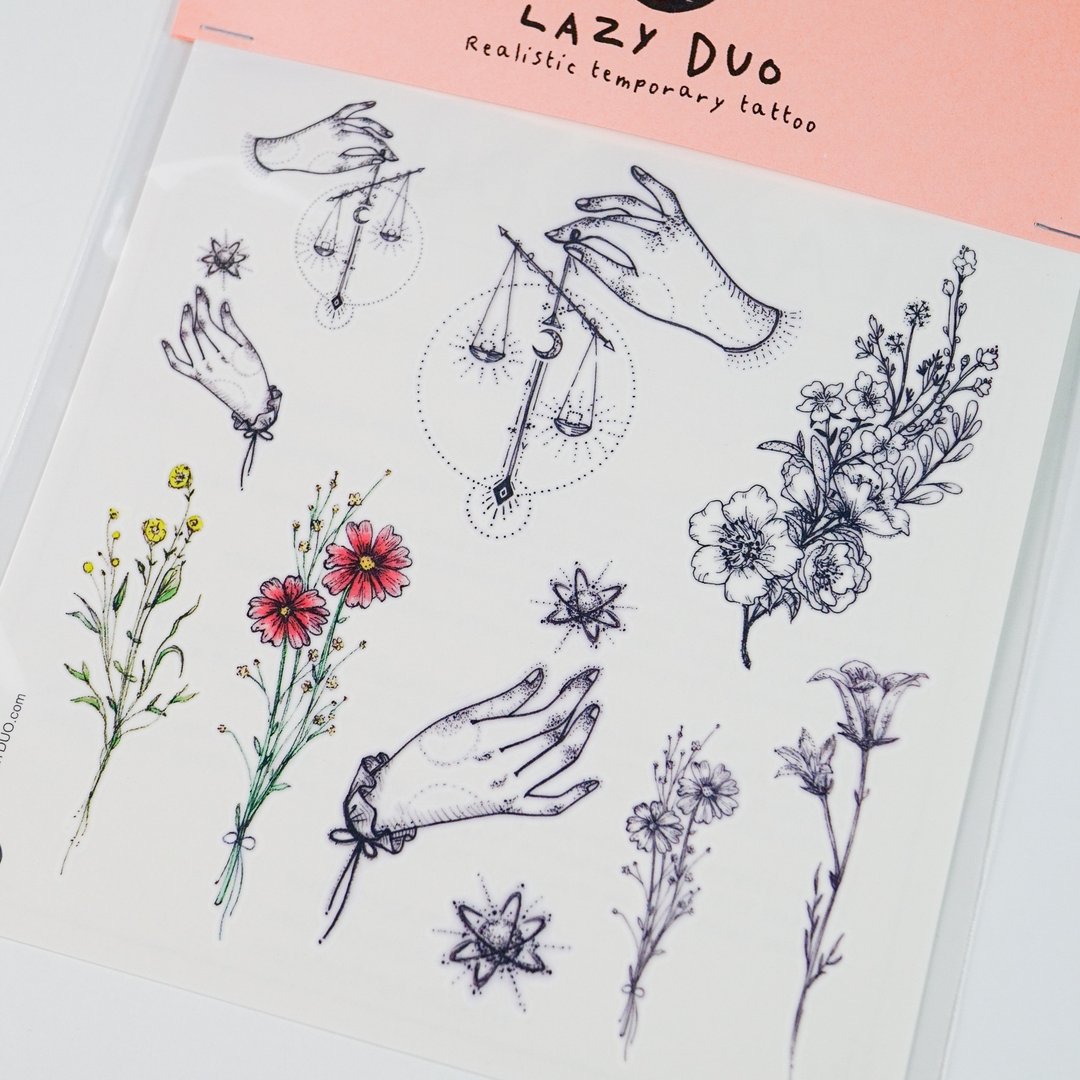 LAZY DUO唯美花环水彩迷你刺青纹身贴纸 简约小黄花红花文青韩风 - 纹身贴 - 纸 红色