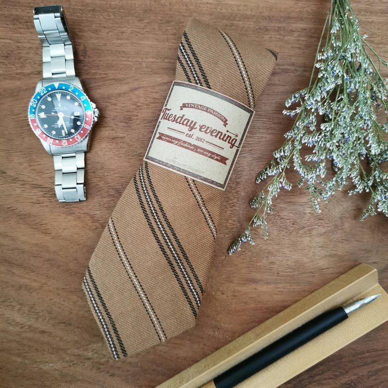 Necktie Sand Brown Stripe - 领带/领带夹 - 棉 咖啡色