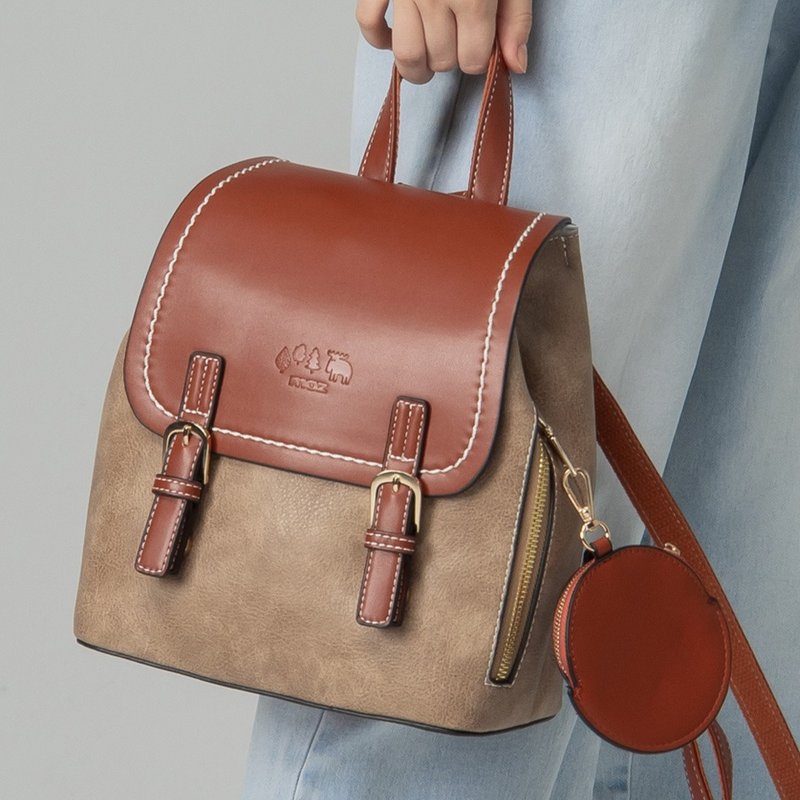 moz瑞典 驼鹿拚色复古风 可调包型 防泼水后背包(焦糖色)附零钱包 - 侧背包/斜挎包 - 棉．麻 咖啡色