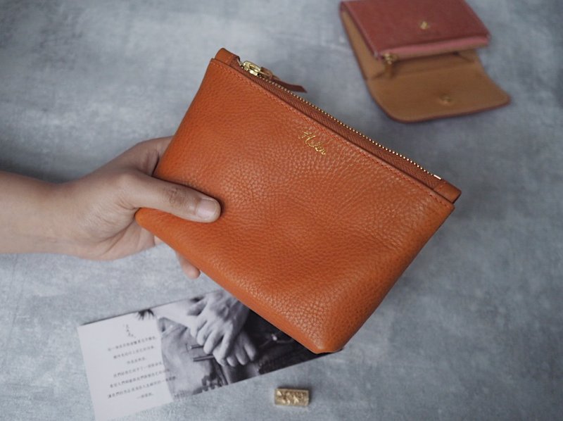 拉链手包手袋收纳袋 纯手工牛皮 定制化刻字礼物 颜色款式可订制 - 手提包/手提袋 - 真皮 橘色