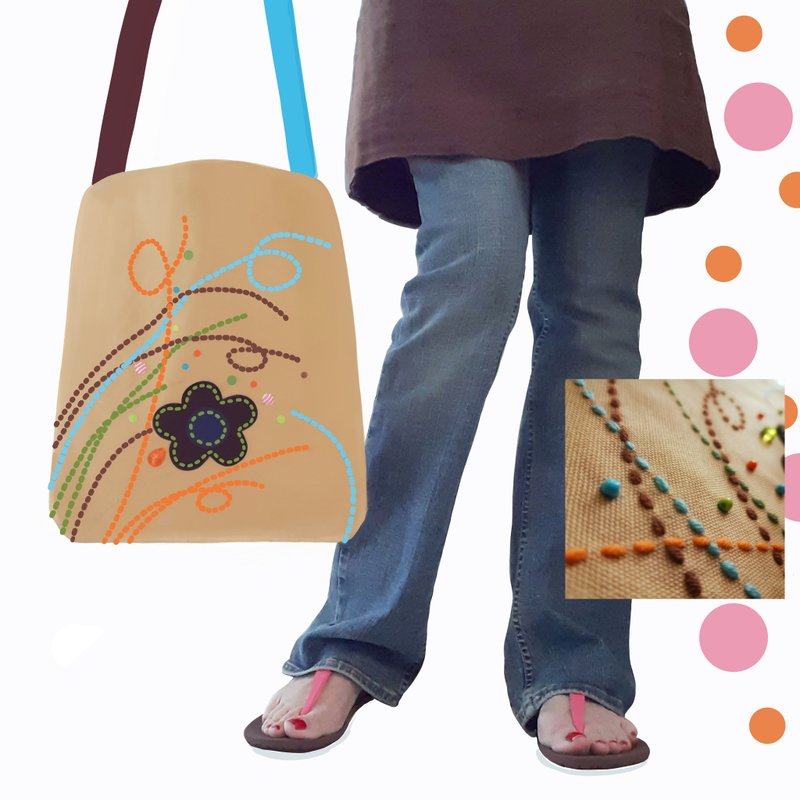 手绣 手工托特包 帆布袋 14 盎司 时髦可爱的设计 尺寸 12x14 英寸 - 手提包/手提袋 - 其他材质 卡其色