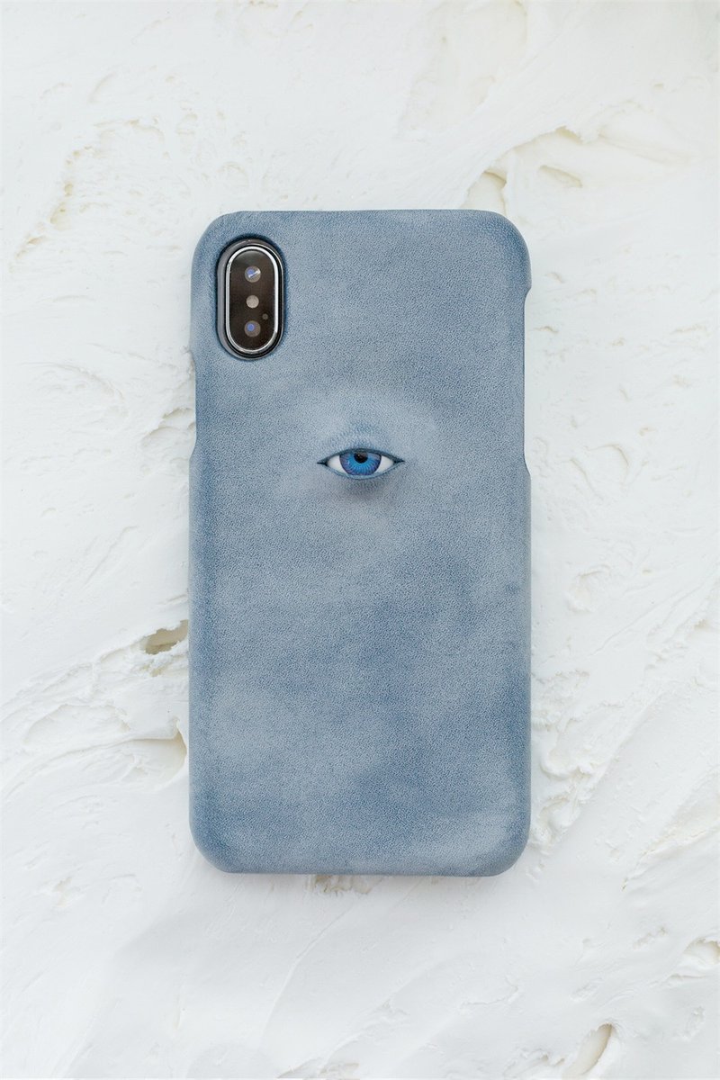 煙霧藍 眼珠題材 手工真皮iPhone手機殼 保護套 意大利植鞣牛皮 - 手机壳/手机套 - 真皮 蓝色