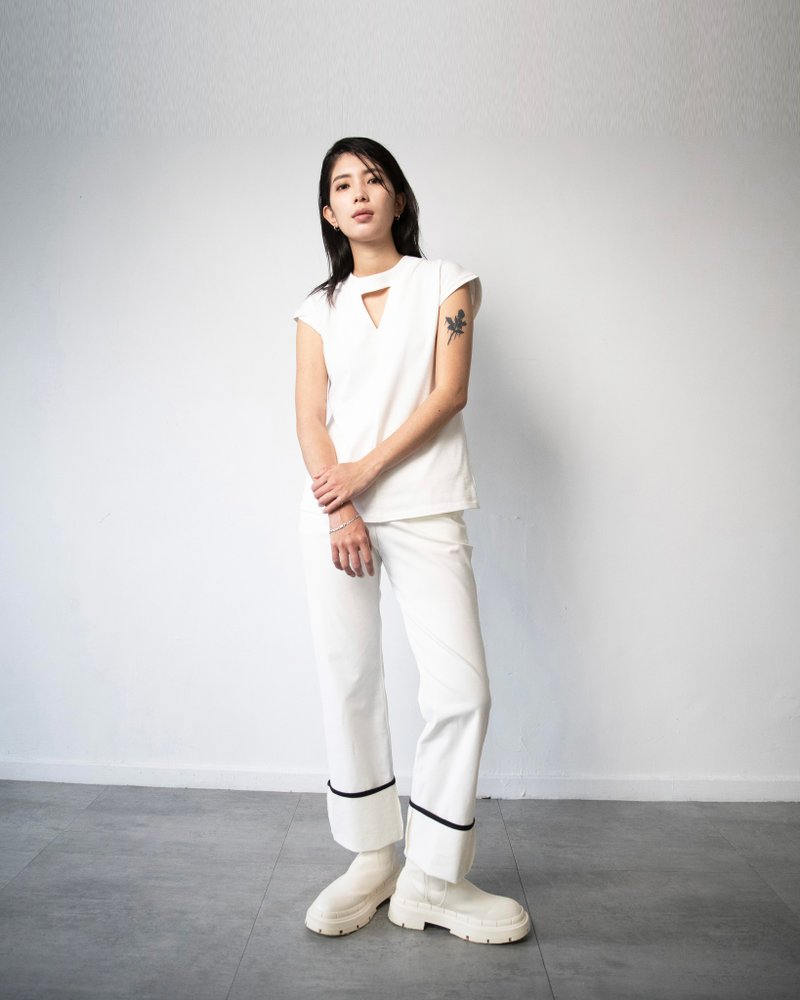 翻折长裤_黑/白 - 女装长裤 - 其他材质 白色