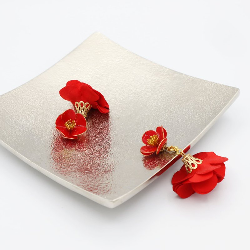 椿耳针 - 耳环/耳夹 - 树脂 红色