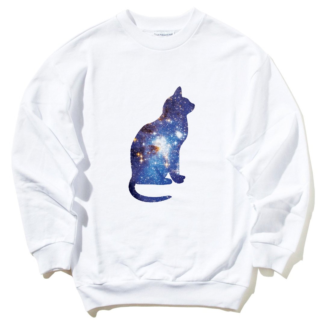 Cosmic Cat 大学T 刷毛 中性版 白色 猫 宇宙 设计 银河系 时髦 圆 三角形 文青 - 男装上衣/T 恤 - 棉 白色