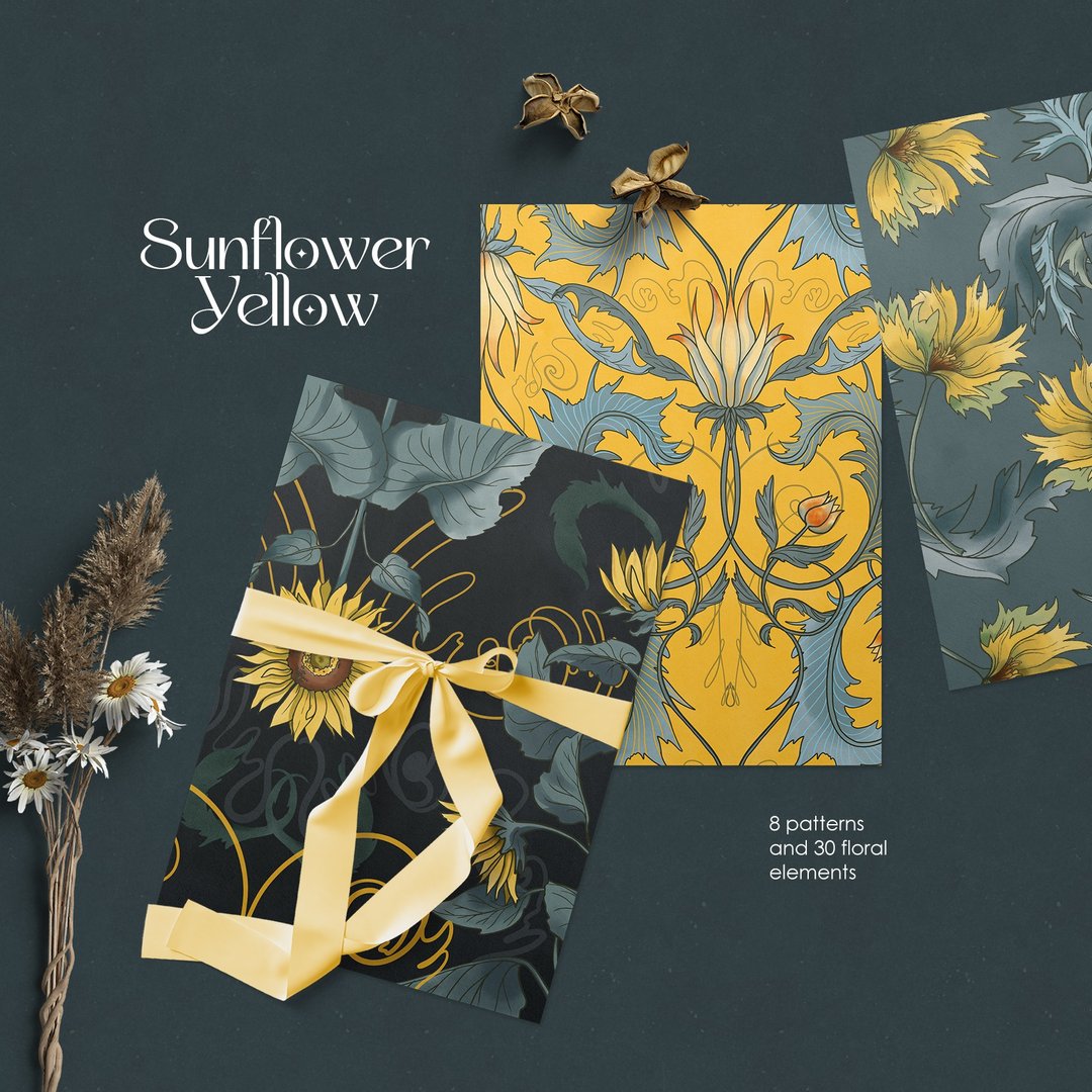 Sunflower Yellow. Botanical pattern collection, floral clipart - 电子手绘真人画像/绘画/插画 - 其他材质 