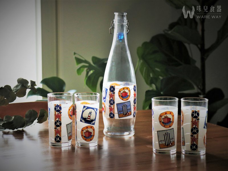 早期LELLA壶杯组－海洋系列 (餐具/旧货/老物/玻璃/图案/花样) - 茶具/茶杯 - 玻璃 多色