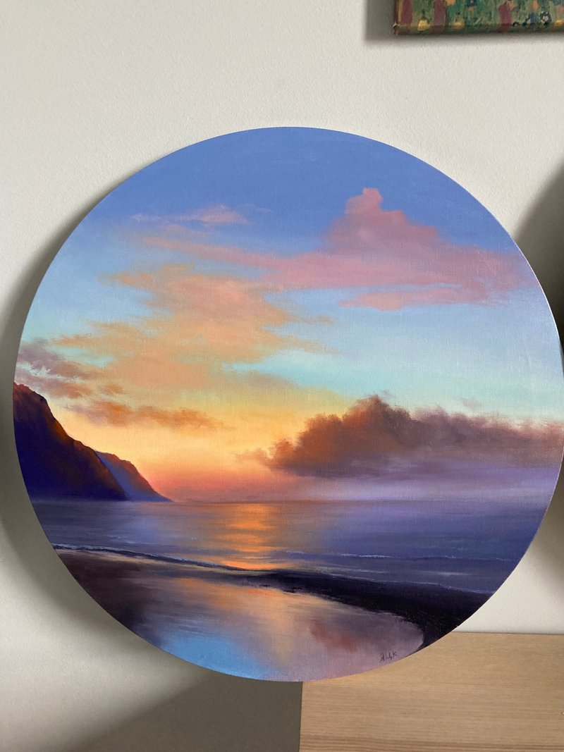 Original Ocean Painting, Oil Painting On Canvas, Sunrise Painting, 油画, 日落画 - 墙贴/壁贴 - 棉．麻 粉红色