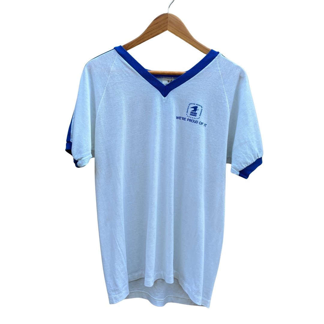 复古 80 年代 美国邮政 USPS Bantam USA Ringer T 恤 - 男装上衣/T 恤 - 棉．麻 白色