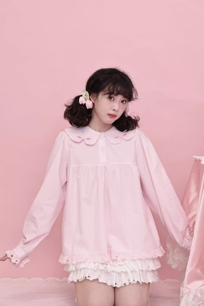 复古少女感 蝴蝶结娃娃领花边衬衫 - 女装衬衫 - 其他材质 粉红色