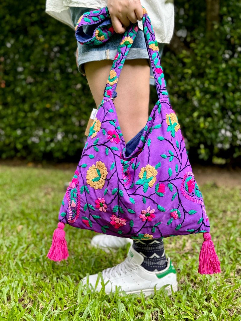 手工刺绣 紫色 花卉 斜背包 肩背包 斜孭袋 单肩包 侧肩包 - 侧背包/斜挎包 - 丝．绢 紫色