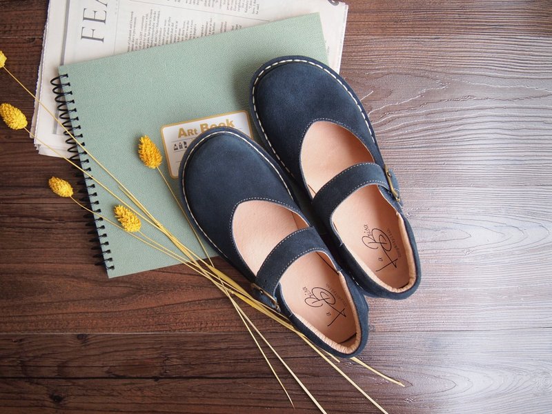 深蓝__V口麂皮大头玛莉珍 A7890 (深蓝、棕、军绿3色) - 玛莉珍鞋 - 真皮 蓝色