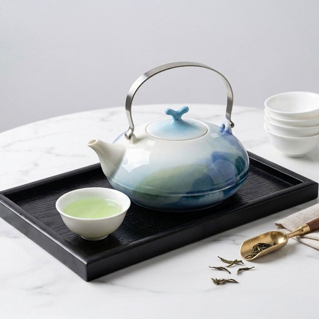 手工绘制・山水泼墨美人精致壶组・白瓷宽口薄杯 - 茶具/茶杯 - 瓷 