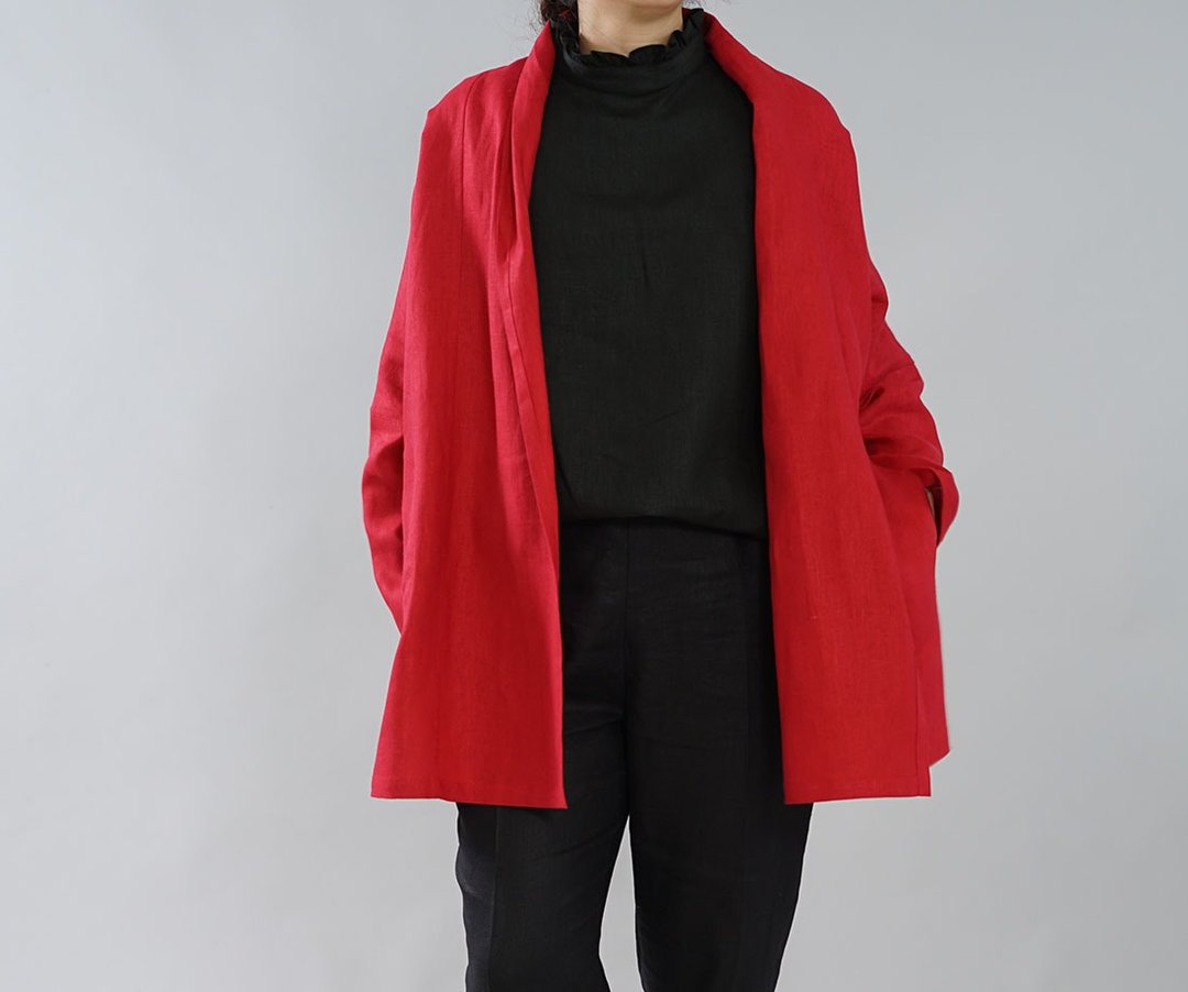 wafu - 亞麻外套 Midweight Linen Shawl Collar Cardigan / Red h014a-red2 - 女装休闲/机能外套 - 亚麻 红色