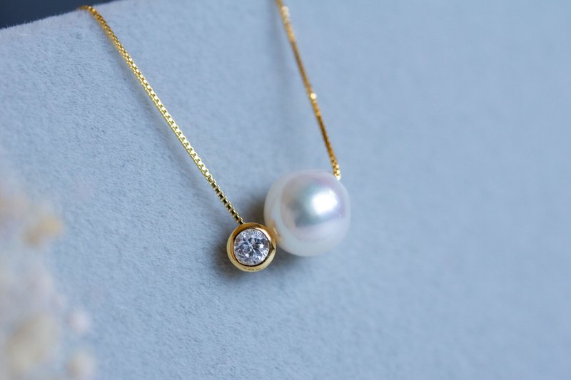 日本产 Akoya 异形珍珠 × 镶嵌式立方氧化锆 项链 镀金 Silver925 - 项链 - 珍珠 白色