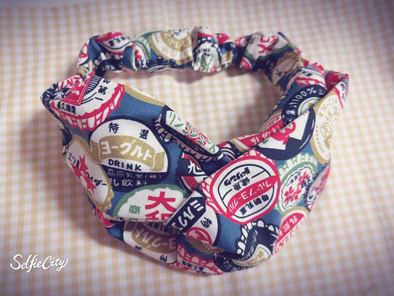 复古风蓝底瓶盖图纹双圈发带 - 发饰 - 棉．麻 蓝色