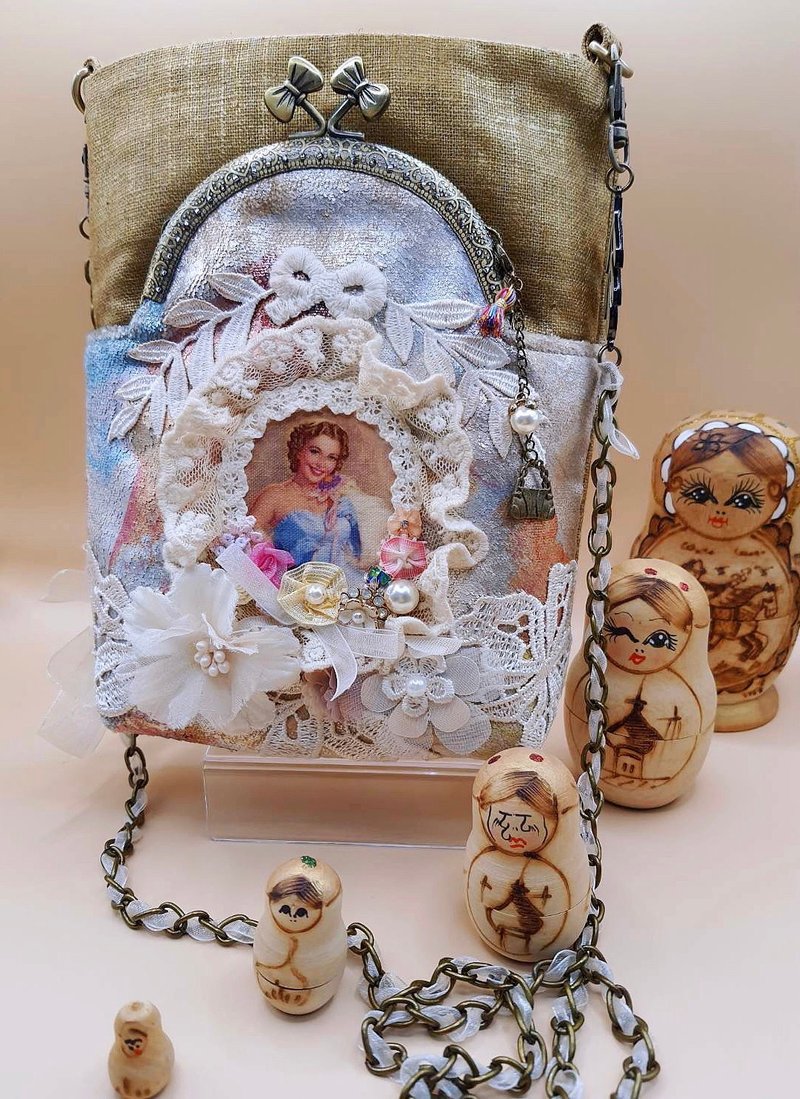 三隔层万用口金包 旅行用随身包 斜背包 帆布包 手机包 - 侧背包/斜挎包 - 其他材质 金色