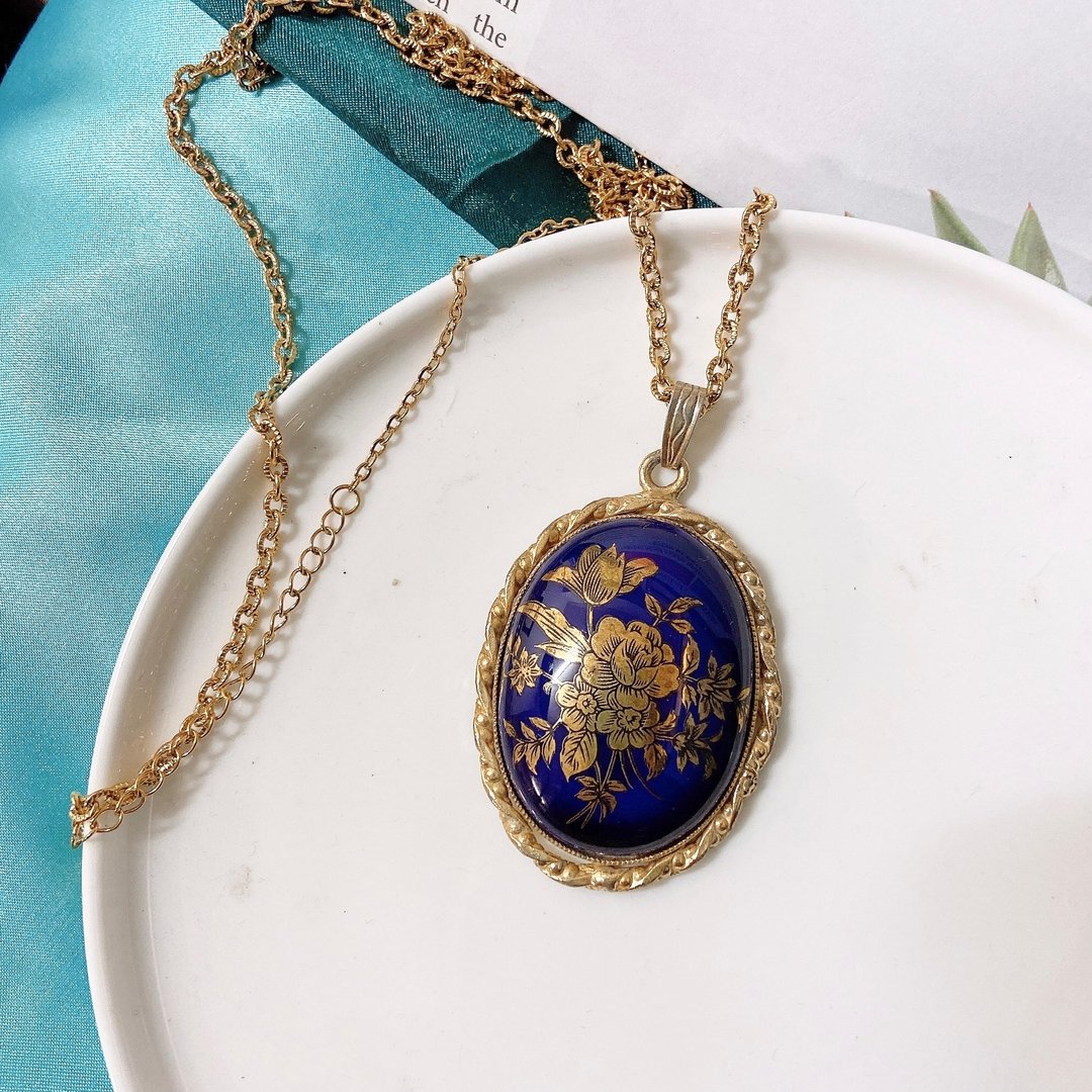 【西洋古董饰品】法国利摩日名瓷Limoges K金 精美花叶花雕 项链 - 项链 - 贵金属 蓝色