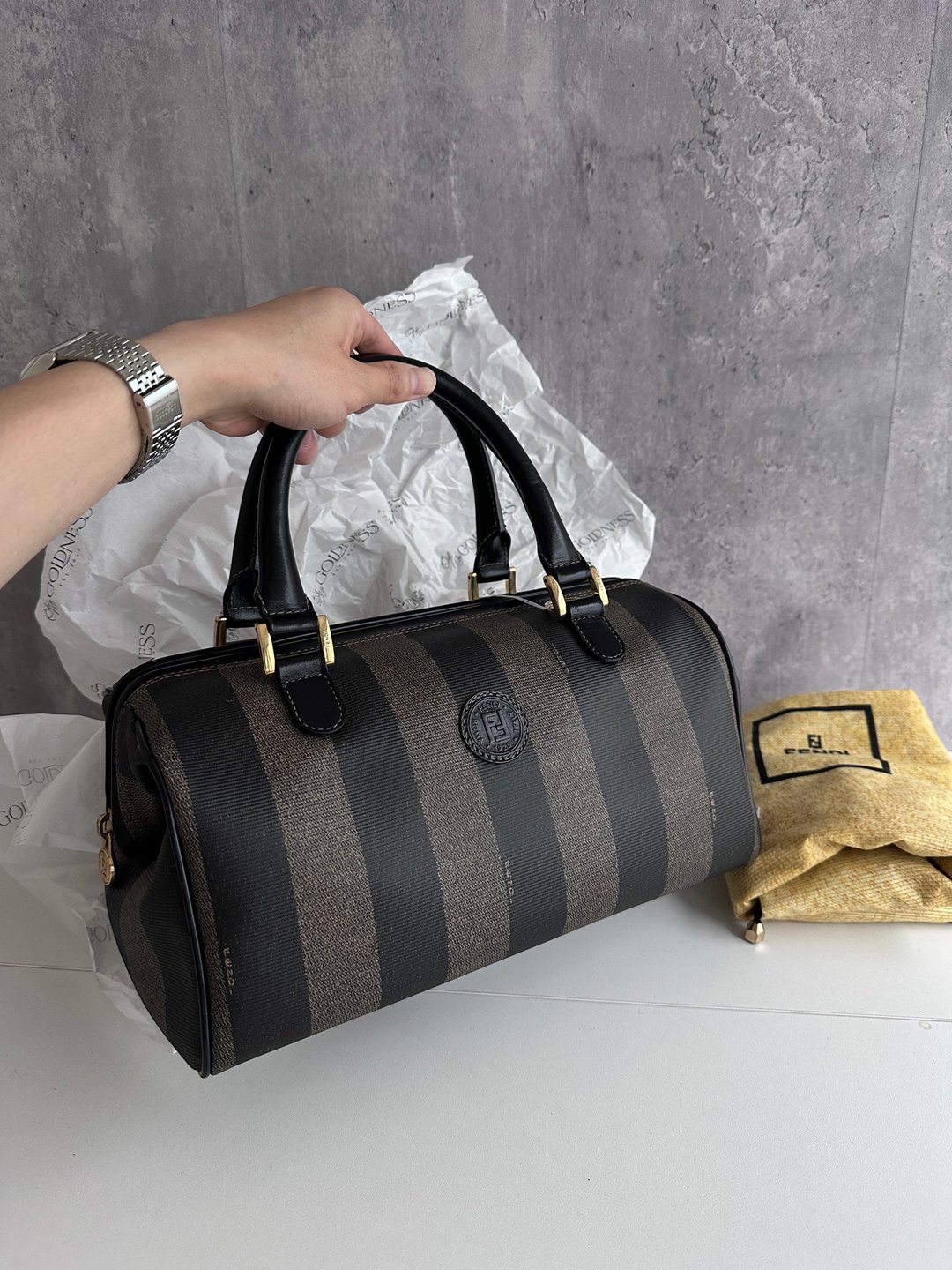 中古包 Fendi 芬迪 老花条纹 Boston 手提包 - 手提包/手提袋 - 棉 卡其色