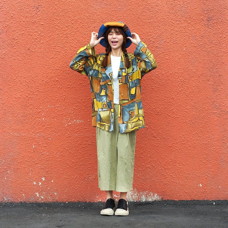 小牛村 日本古着 vintage 中性复古 长袖衬衫 罩衫【童趣砖纹】独一无二【V-22】 - 男装衬衫 - 棉．麻 卡其色