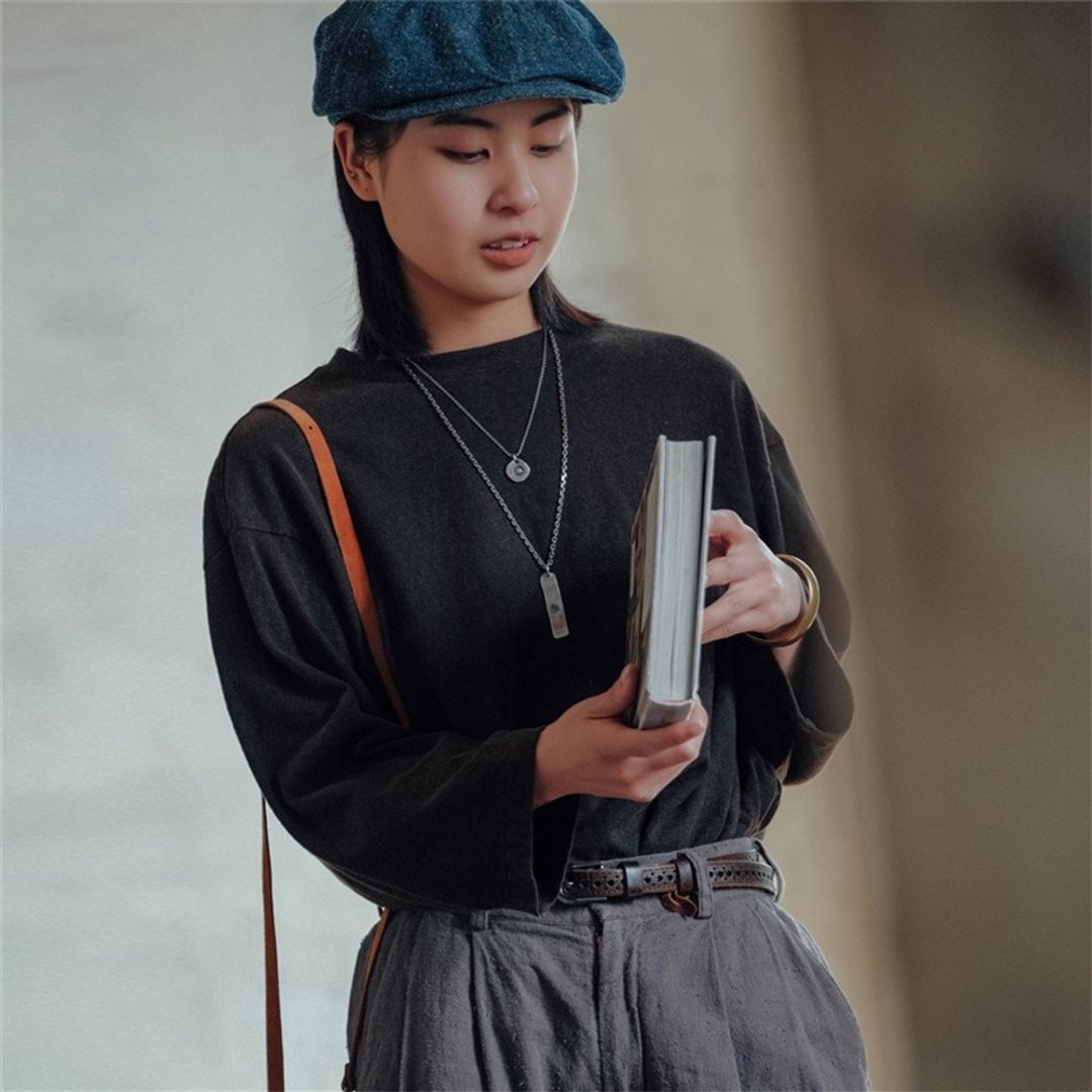 鹽黑色 漢麻棉復古做舊上衣 寬松休閒舒適百搭七分袖T恤 - 女装 T 恤 - 棉．麻 黑色