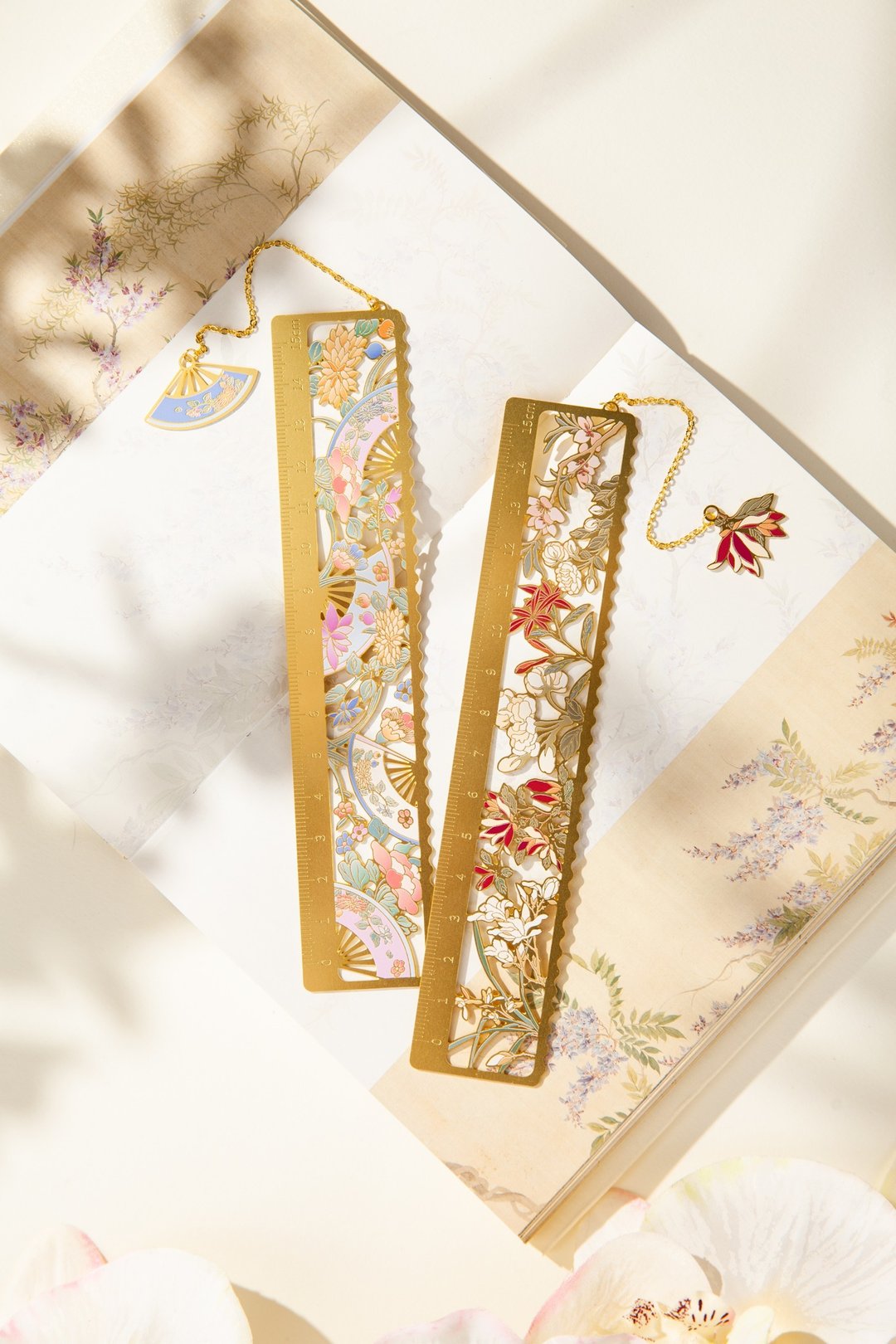 国风文物绝美色彩百花图卷/花宴扇影系列金属链条吊坠书签刻度尺 - 书签 - 铜/黄铜 