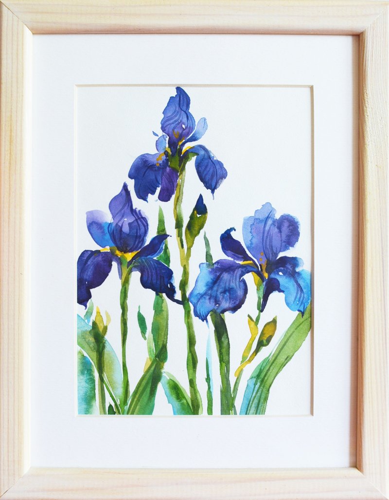 鸢尾花原创水彩画现代艺术蓝色花朵绘画 18x24 厘米 - 插画/绘画/写字 - 纸 粉红色