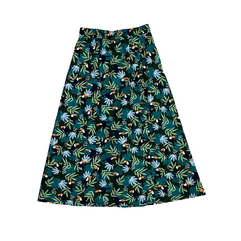 Women's Bird Print Skirt 女装大嘴鸟长裙 - 深绿色 - 裙子 - 棉．麻 绿色
