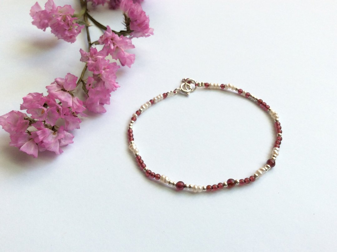 Ops garnet silver bracelet-石榴石/珍珠/浪漫/纯银/手链/礼物 - 手链/手环 - 宝石 红色