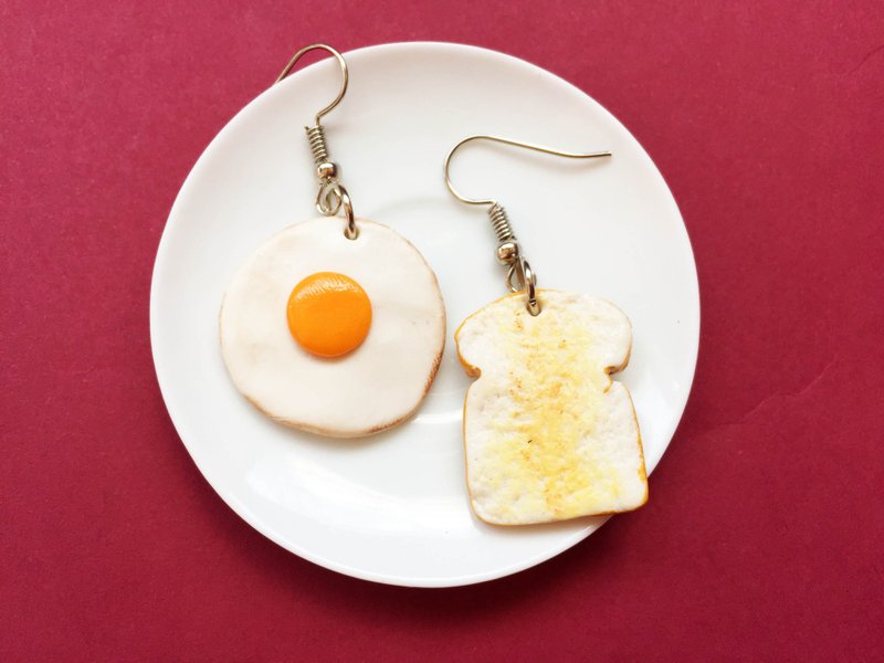 垂坠感面包与煎蛋耳环 - 耳环/耳夹 - 粘土 橘色