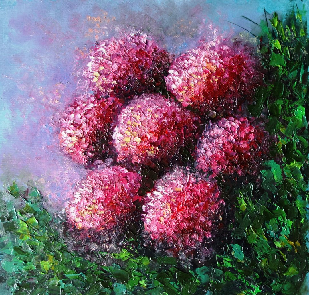Hydrangea Flowers Painting Oil Abstract Floral Original Art  Impasto Artwork - 海报/装饰画/版画 - 颜料 多色