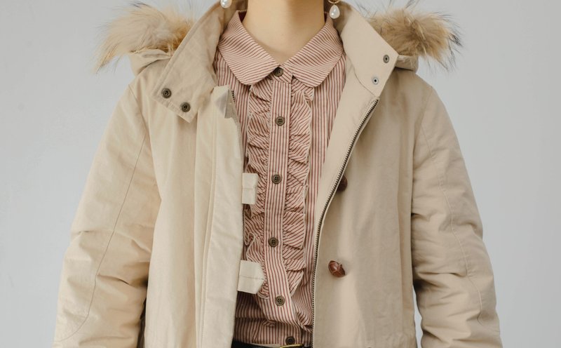 法式复古 少女中性寬鬆中长款羽绒派克大衣外套 - 女装上衣 - 棉．麻 卡其色