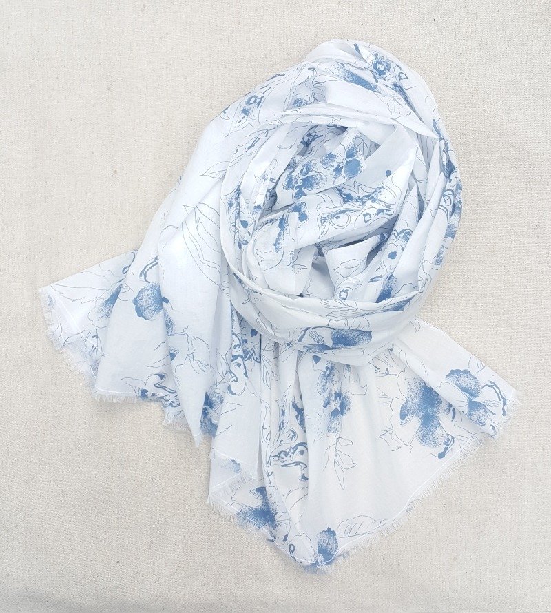 蓝色印花夏季围巾/披肩 - 丝巾 - 棉．麻 