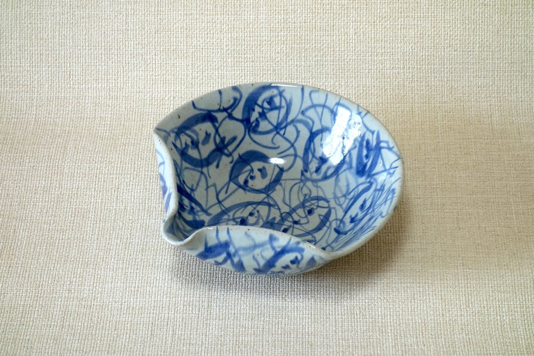 钵 扇面 唐草花纹 a - 碗 - 陶 蓝色