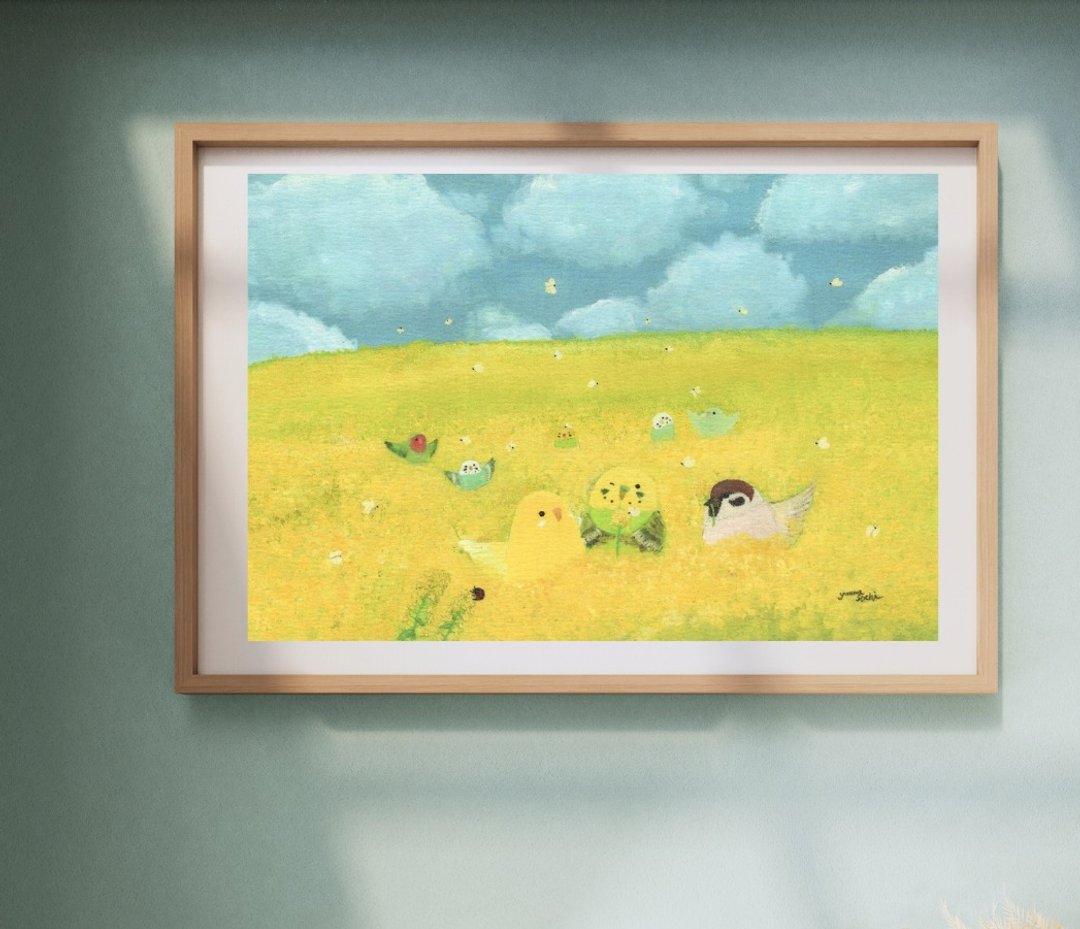 A4 含羞草花环插画海报 水彩风小鸟与自然风景 虎皮鹦鹉 - 海报/装饰画/版画 - 纸 黄色