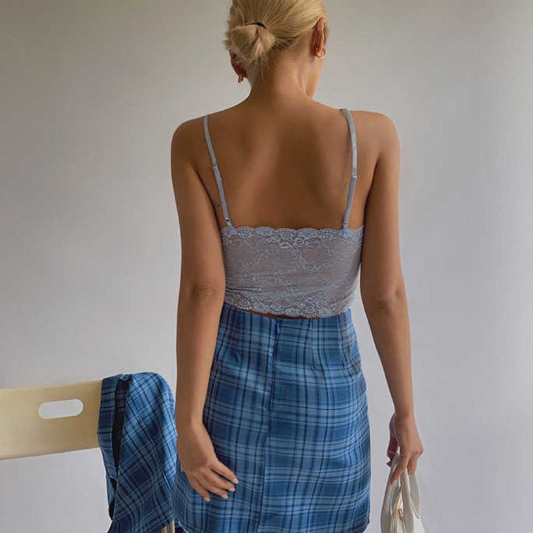 Blue Tartan Y2K Mini Skirt - 裙子 - 聚酯纤维 蓝色