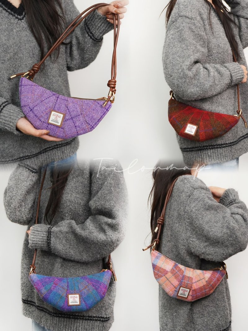 多色harris tweed牛角造型包 手提单肩包 斜挎包 生日礼物女士包 - 侧背包/斜挎包 - 羊毛 紫色