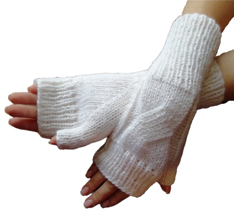 白色羊毛针织连指手套手工露指手套女式配饰袖 - 手套 - 羊毛 白色