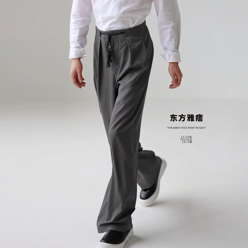 乱山昏 东方雅痞新中式国风原创深灰多褶垂顺通勤休闲长裤百搭男 - 男士长裤 - 其他材质 