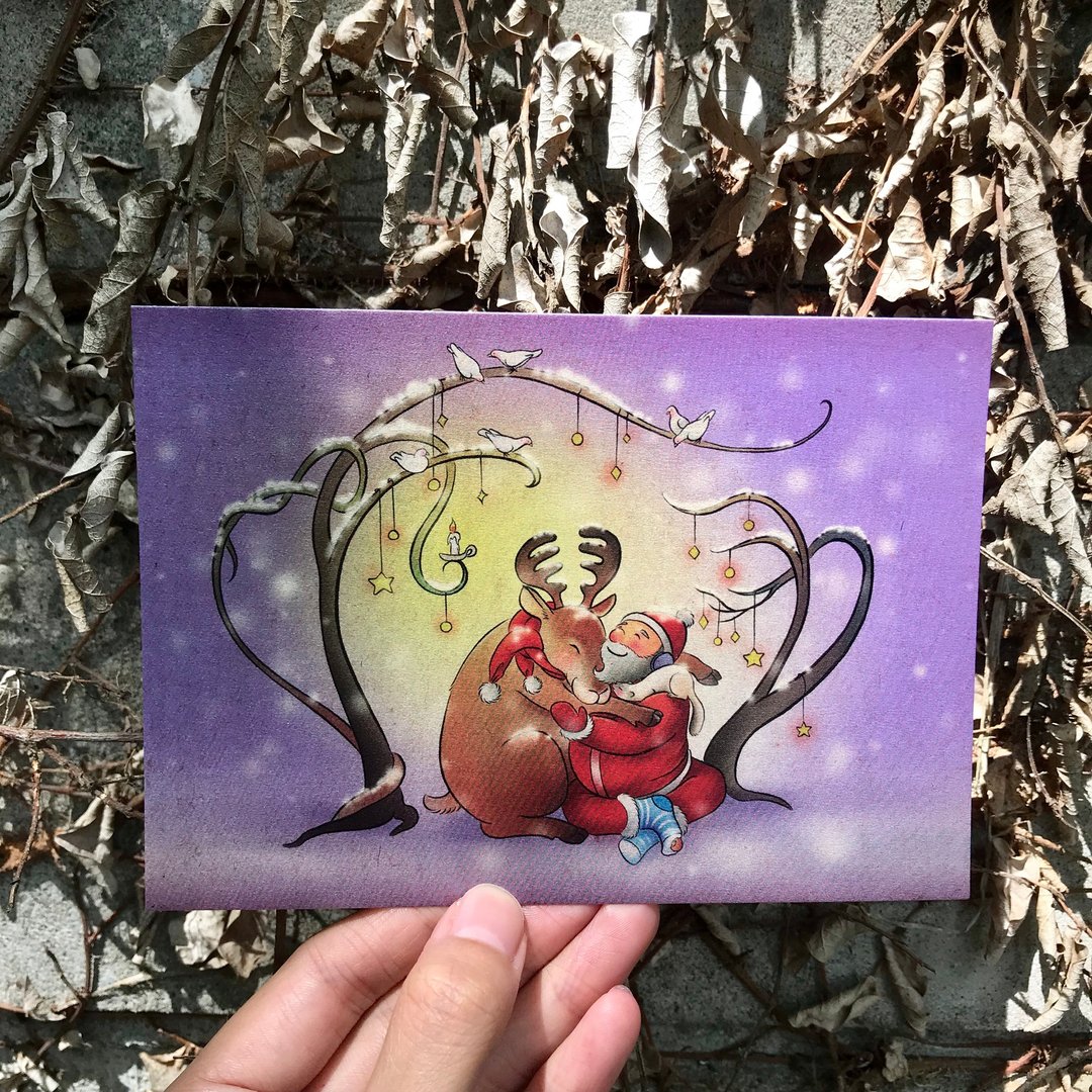 【圣诞拥抱/故事插画明信片】 /圣诞节/雪貂/驯鹿 - 卡片/明信片 - 纸 紫色