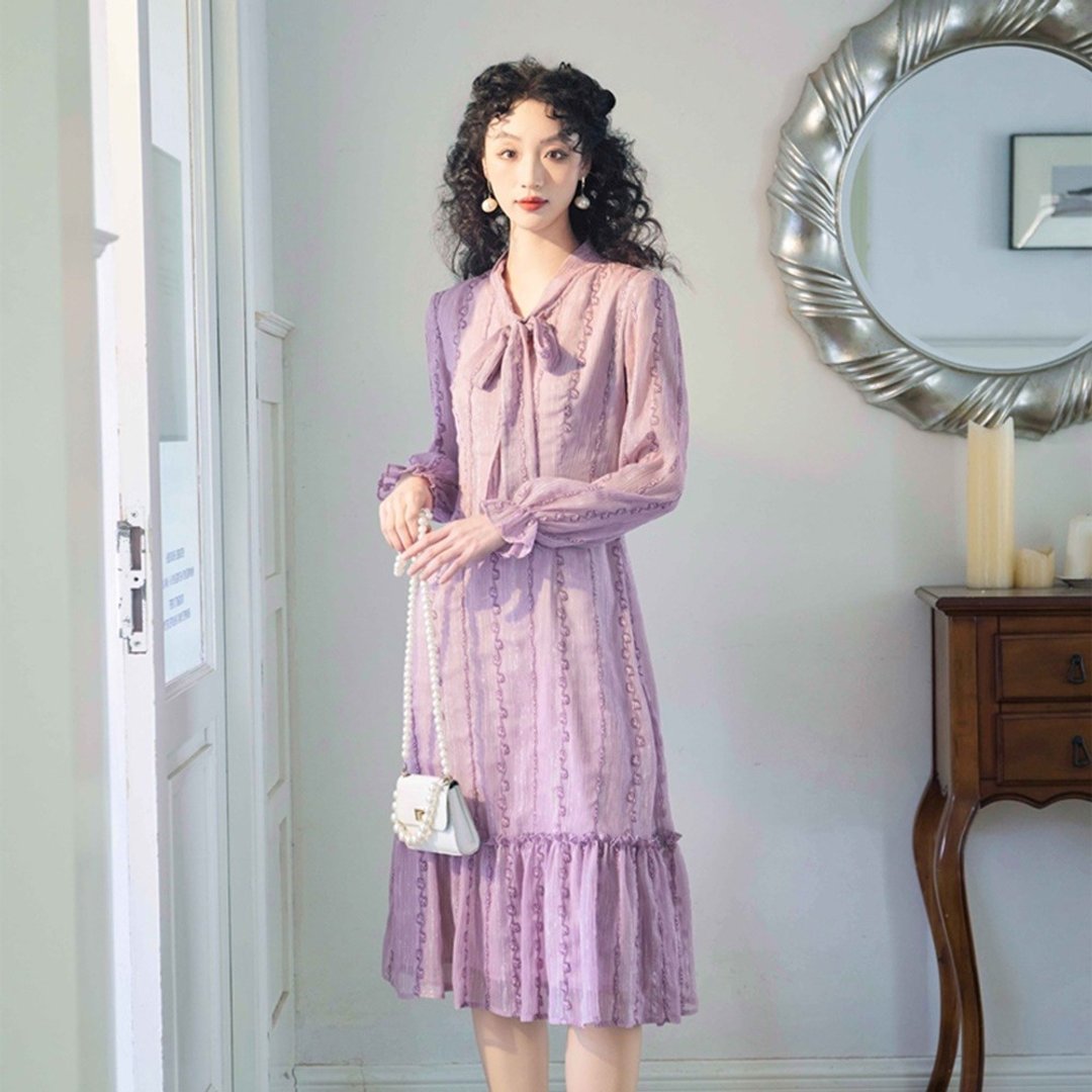 安妮陈紫色重工刺绣连衣裙 2025春新款女装 多巴胺掐腰洋裝連身裙 - 洋装/连衣裙 - 其他材质 紫色